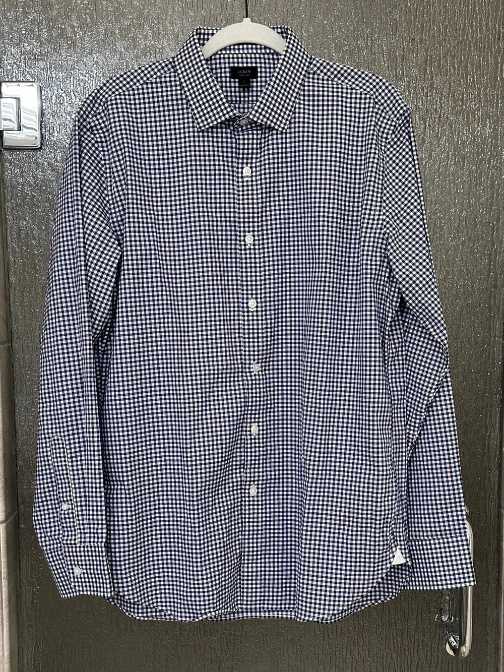 J. Crew Men's Navy Burgundy  and White Gingham Button-Down Shirt Large